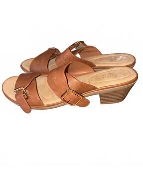 American Exchange Brown Faux Leather Slide Heel Sandals Buckle Size 10W Comfort